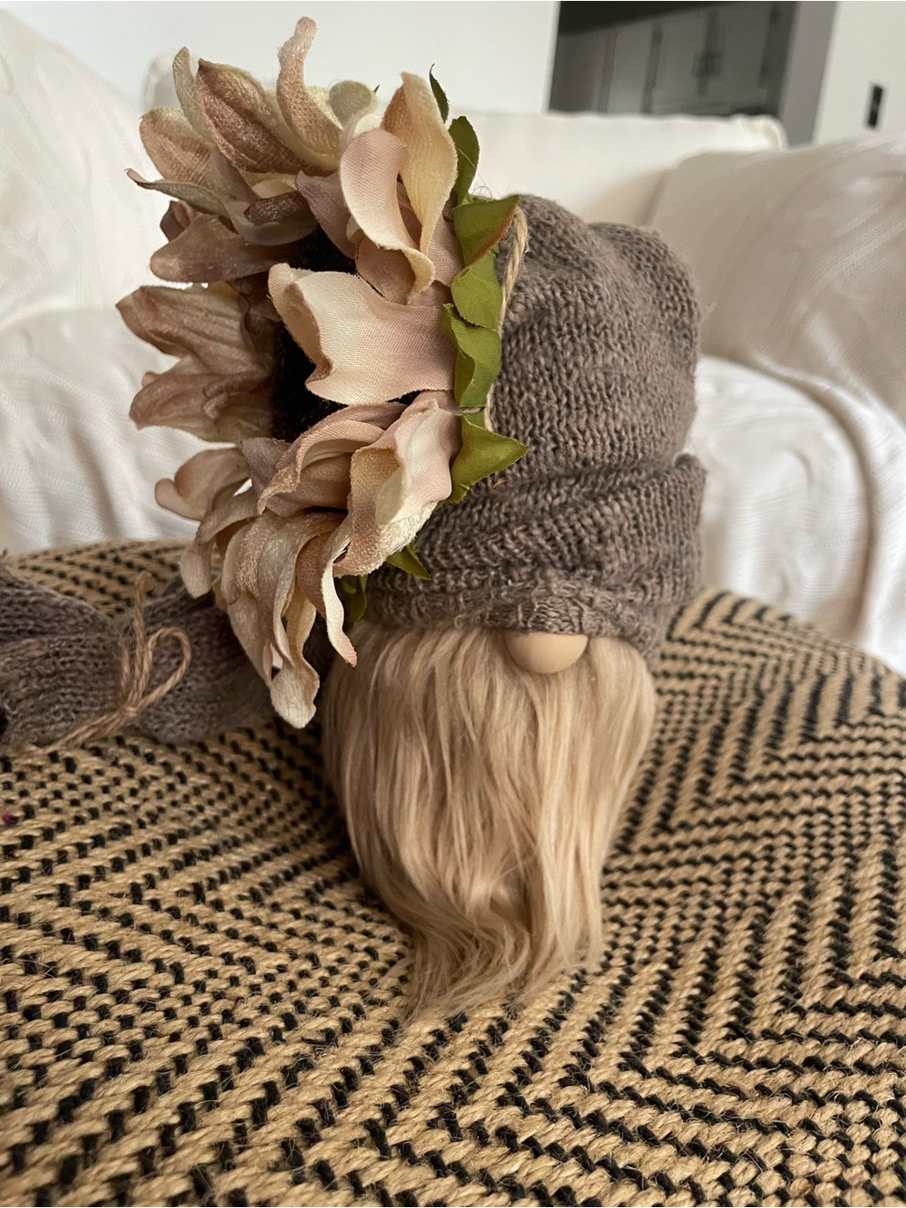 Adorable long hat gnome with Sunflower Accent on wood base - Taupe